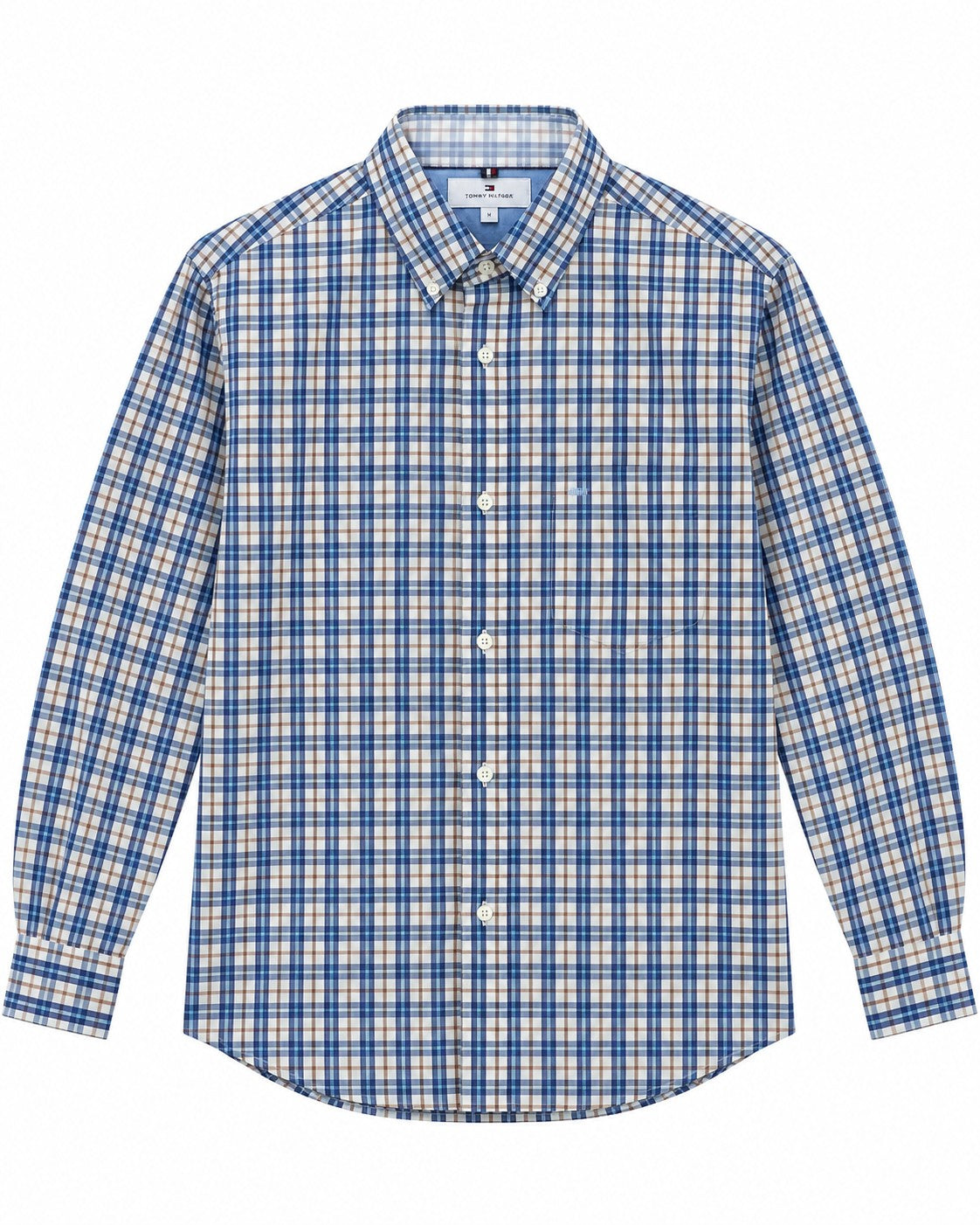 CAMISA BROOK BROTHERS REGULAR NON IRON BLANCA CUADROS GRANDES AZULES FRANJA ROJA