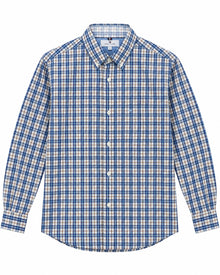 CAMISA BROOK BROTHERS REGULAR NON IRON BLANCA CUADROS GRANDES AZULES FRANJA ROJA