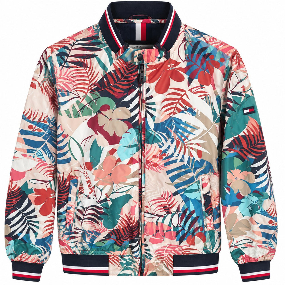 CHAMARRA CABALLERO TOMMY HILFIGUER BEIGE CON DETALLES COLORIDOS, PLAMERAS, HOJAS L