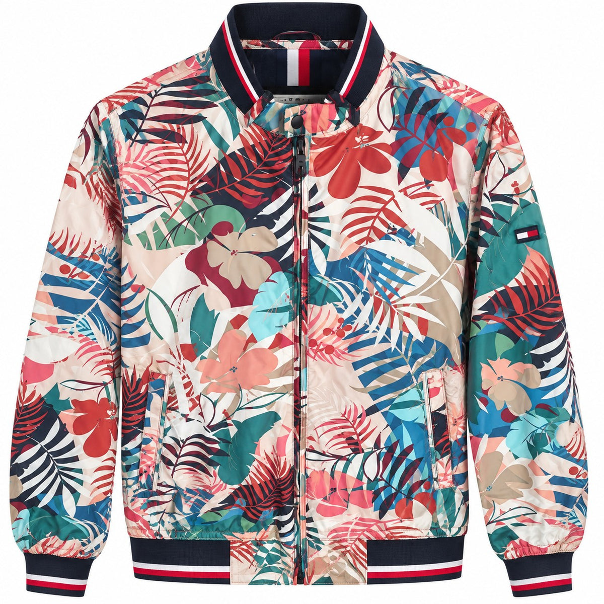 CHAMARRA CABALLERO TOMMY HILFIGUER BEIGE CON DETALLES COLORIDOS, PLAMERAS, HOJAS L