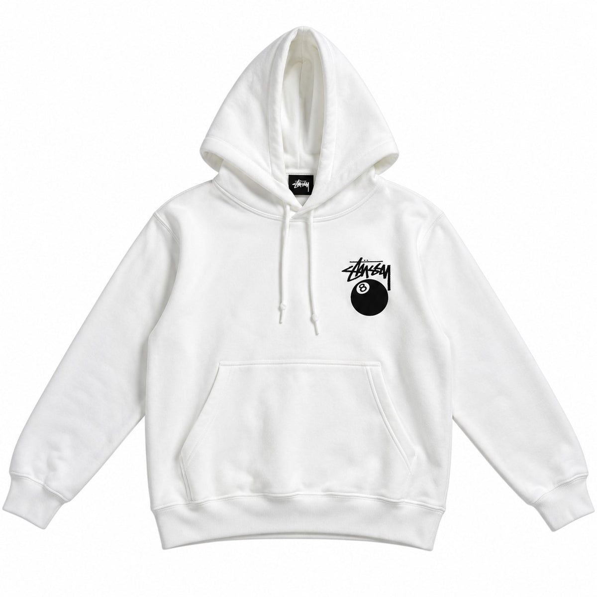 SUDADERA CABALLERO STUSSY BLANCO CON LOGO BOLA 8 NEGRA FRENTE Y ESPALDA