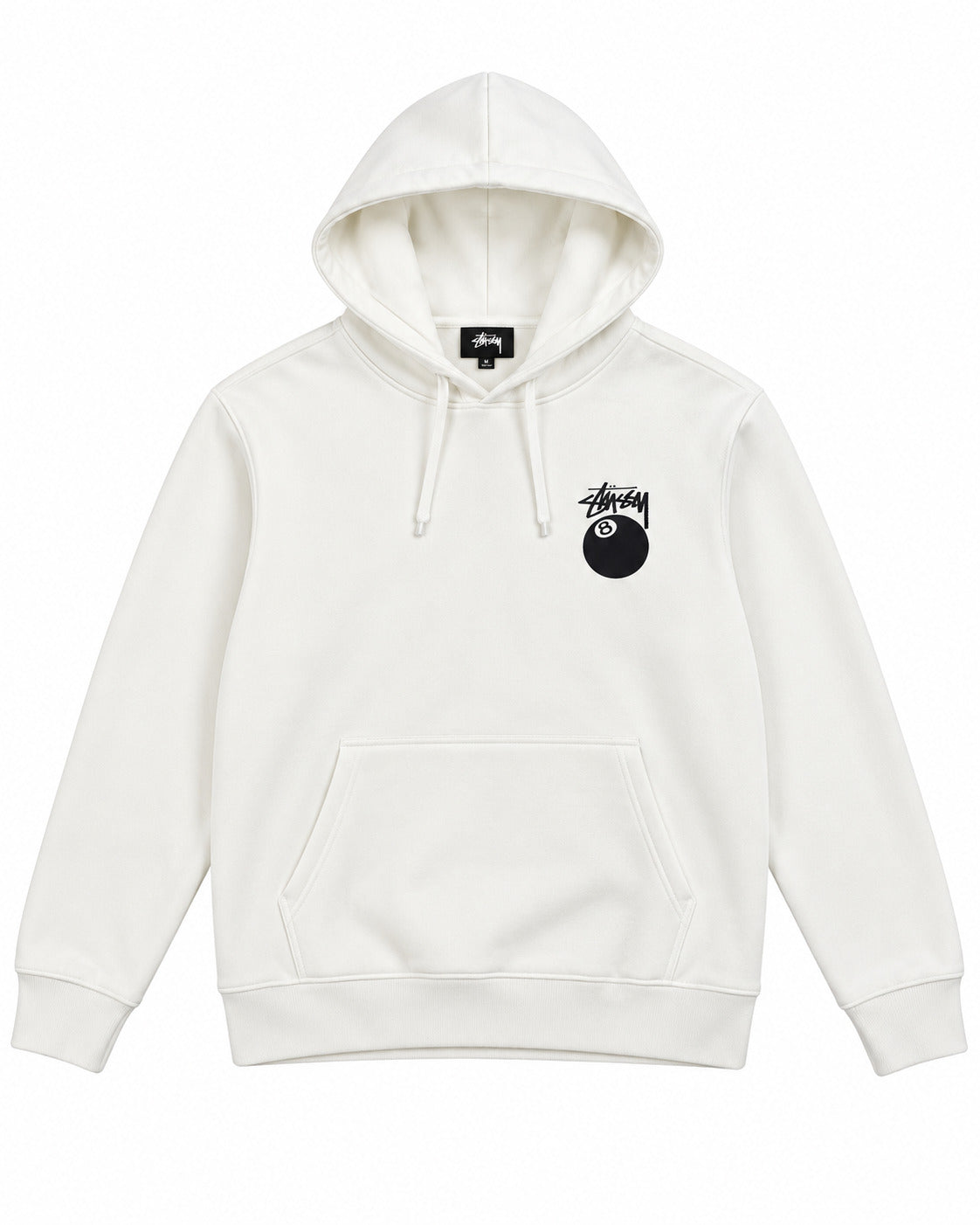 SUDADERA CABALLERO STUSSY BLANCO CON LOGO BOLA 8 NEGRA FRENTE Y ESPALDA