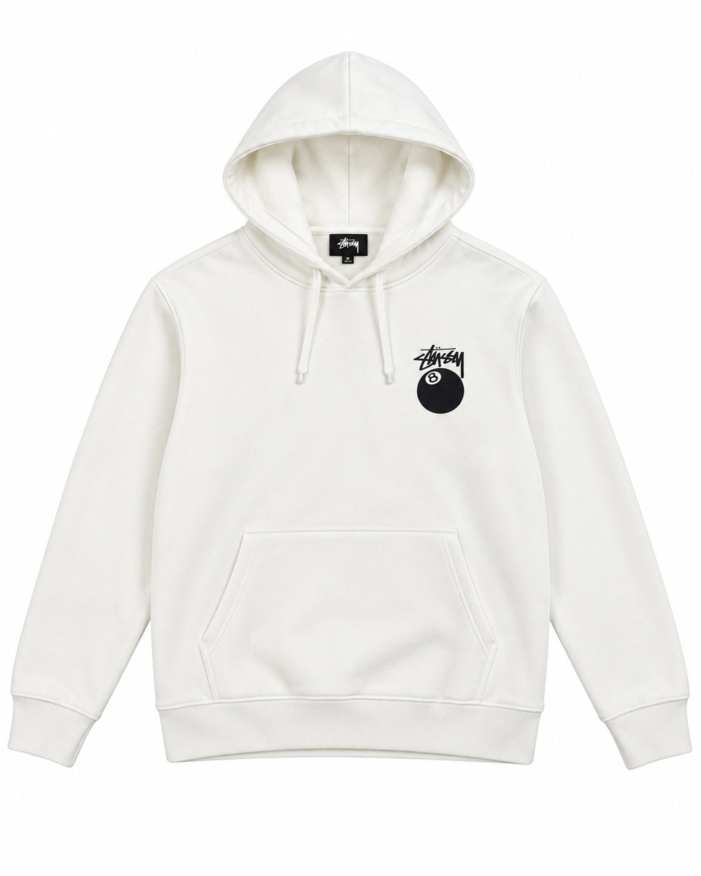 SUDADERA CABALLERO STUSSY BLANCO CON LOGO BOLA 8 NEGRA FRENTE Y ESPALDA XL