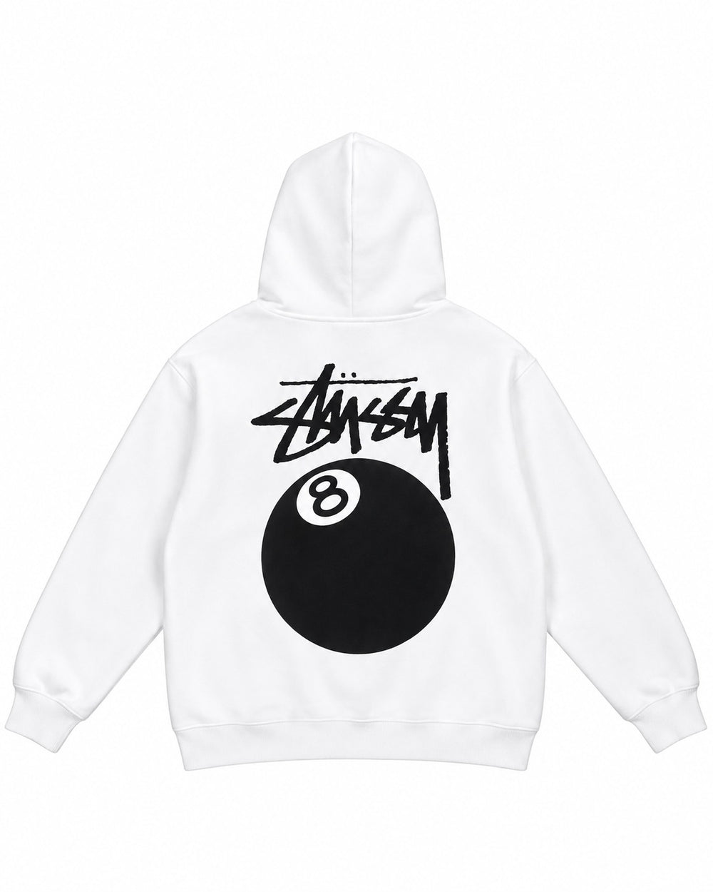 SUDADERA CABALLERO STUSSY BLANCO CON LOGO BOLA 8 NEGRA FRENTE Y ESPALDA XL