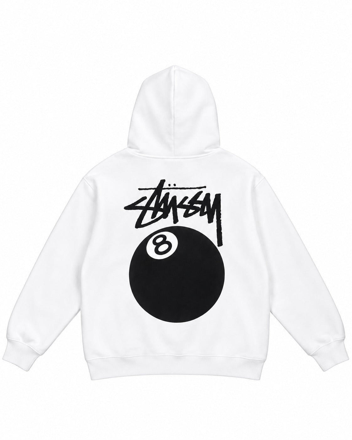 SUDADERA CABALLERO STUSSY BLANCO CON LOGO BOLA 8 NEGRA FRENTE Y ESPALDA XL