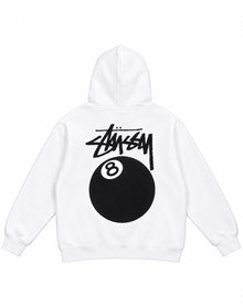 SUDADERA CABALLERO STUSSY BLANCO CON LOGO BOLA 8 NEGRA FRENTE Y ESPALDA XL
