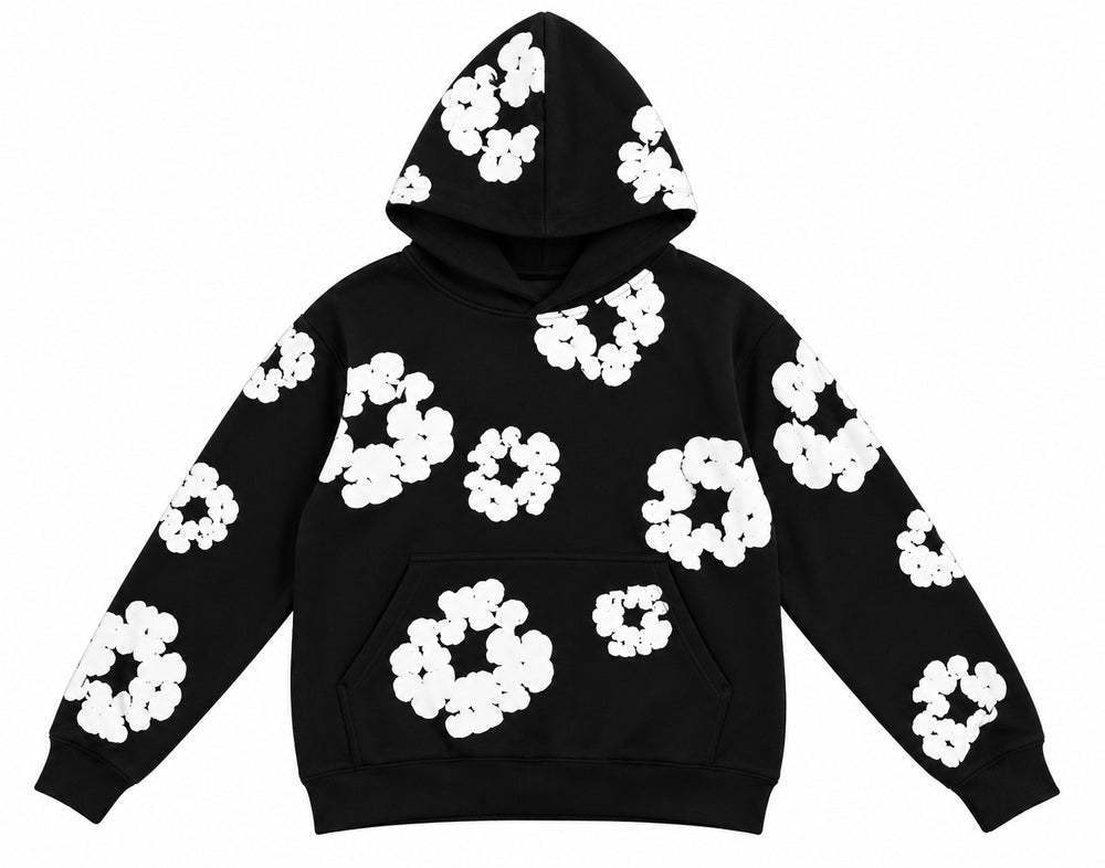 SUDADERA CABALLERO STUSSY NEGRA CON DISEÑO FLORES CIRCULARES BLANCAS S