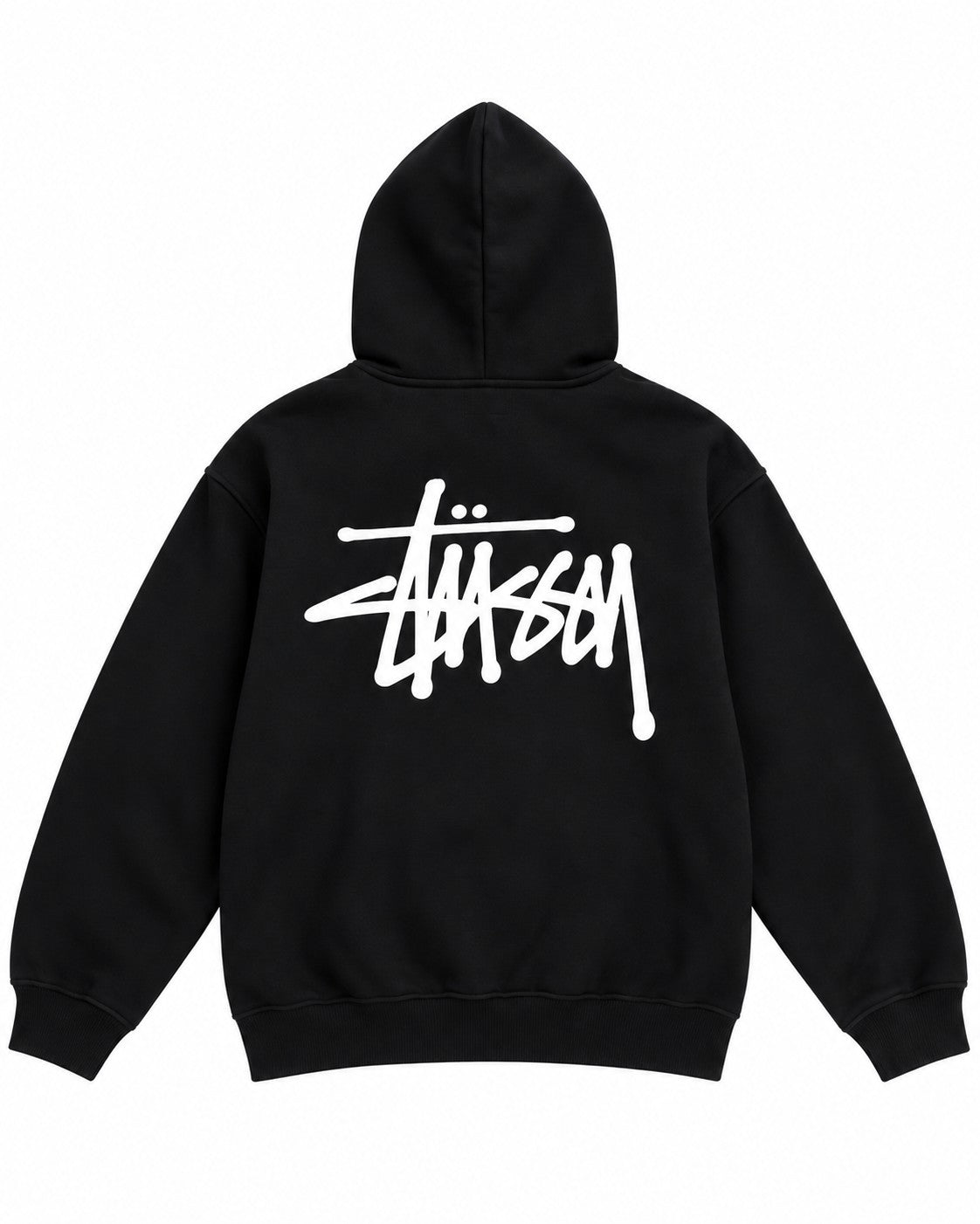 SUDADERA CABALLERO STUSSY NEGRA CON LOGO LETRAS BLANCAS ESPALDA