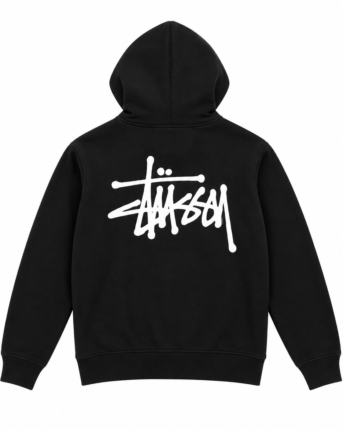 SUDADERA CABALLERO STUSSY NEGRA CON LOGO LETRAS BLANCAS ESPALDA M