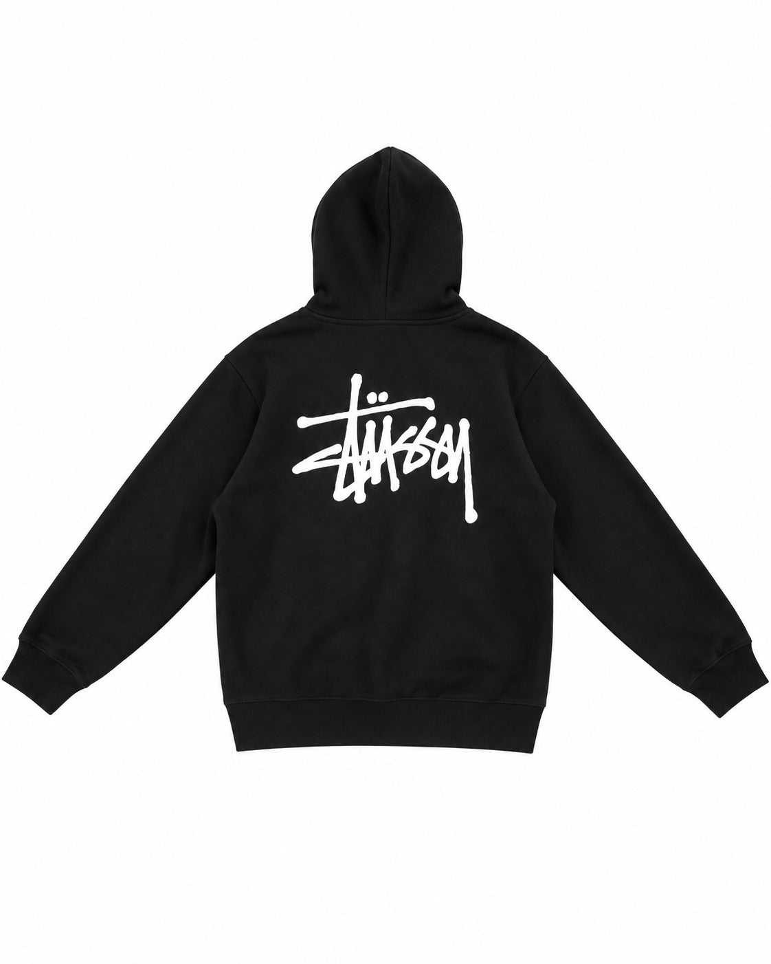 SUDADERA CABALLERO STUSSY NEGRA CON LOGO LETRAS BLANCAS ESPALDA