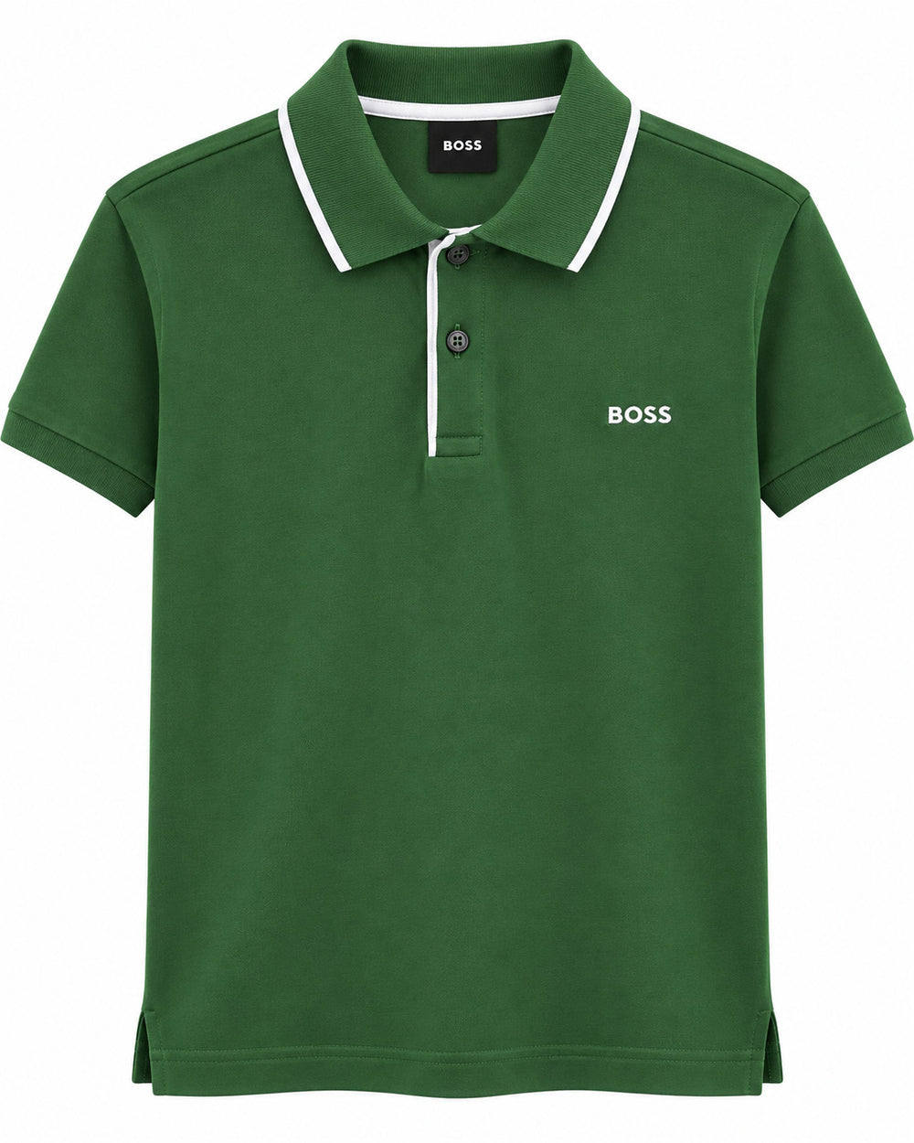 PLAYERA HUGO BOSS TIPO POLO BOTONOS MONOGRAMA VERDE FUERTE CON FRANJA BLANCA CUELLO M