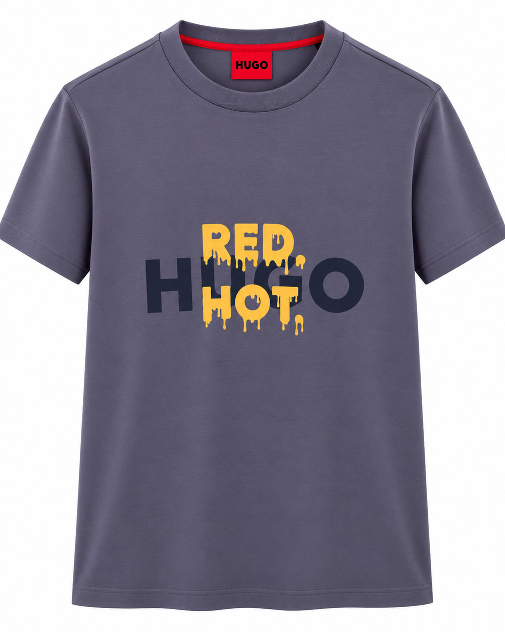 PLAYERA CABALLERO HUGO BOSS CUELLO REDONDO LILA OSCURO LOGO RED HUGO HOT AZUL CON AMARILLO S