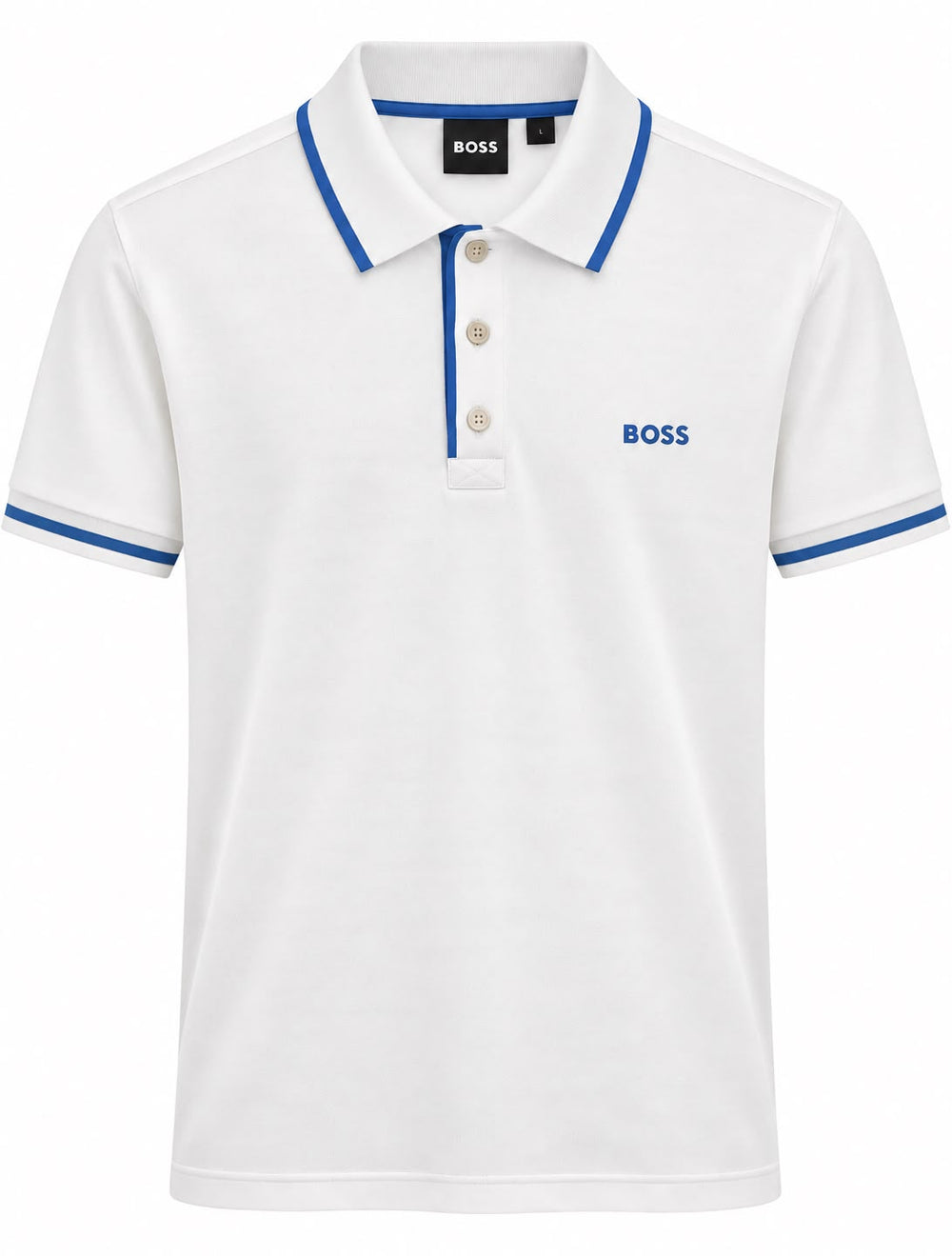PLAYERA CABALLERO HUGO BOSS T POLO BLANCO MONOGRAMA CUELLO FRANJA AZUL S