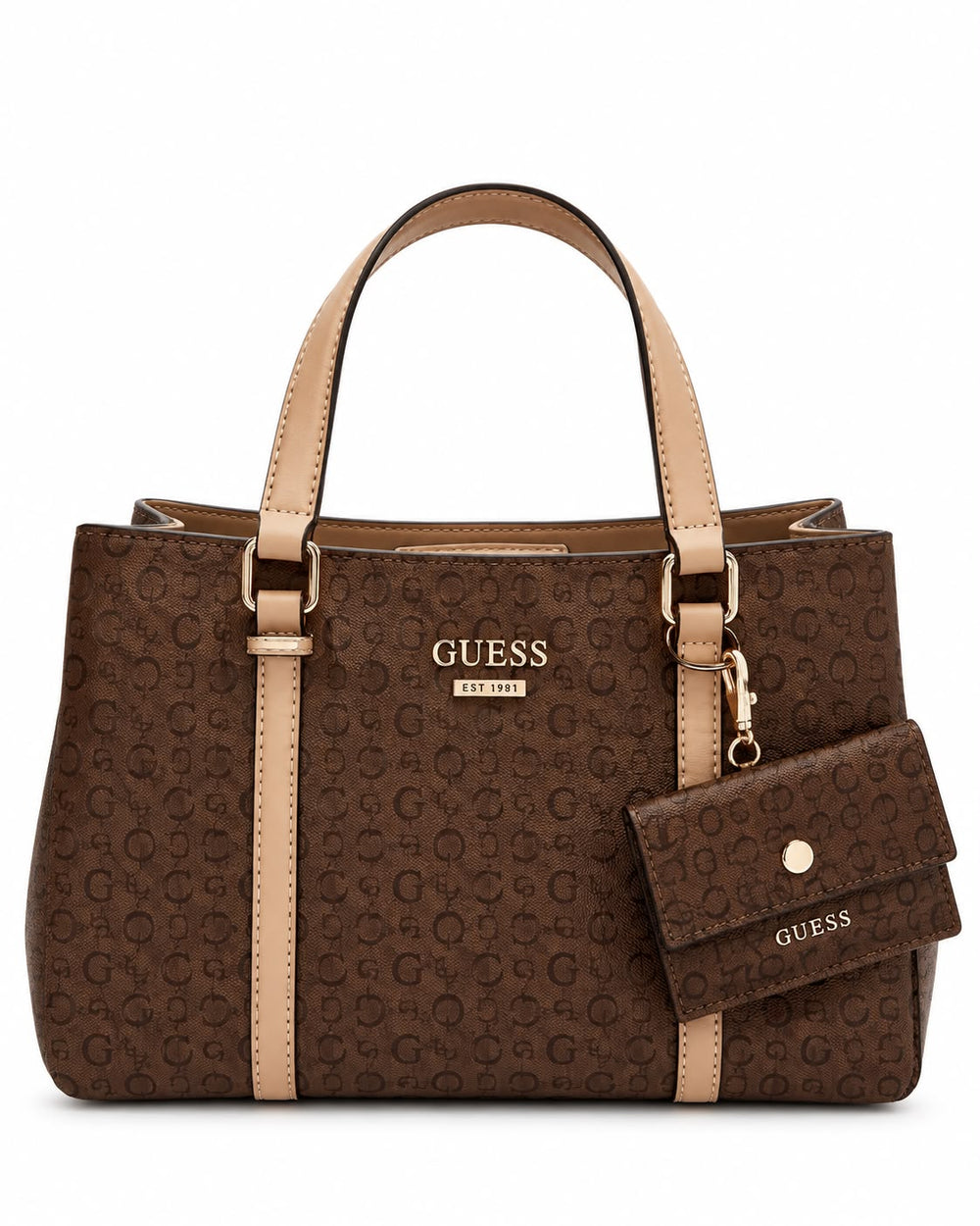 BOLSA GUESS MONOGRAMA + STRAP Y MONEDERO CAFE
