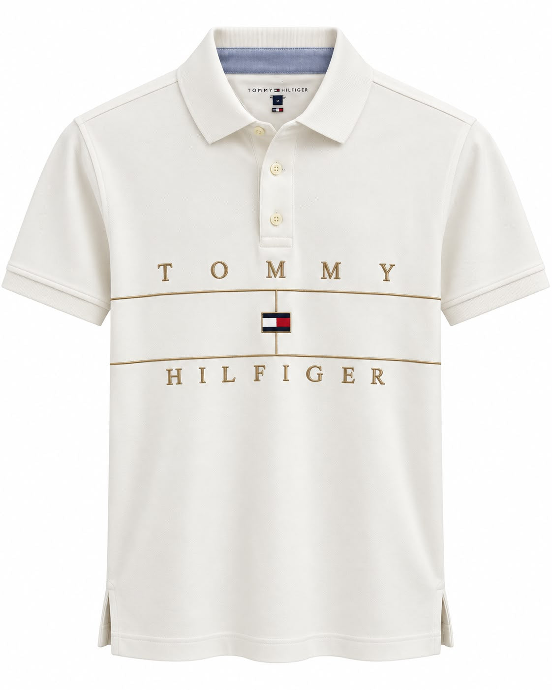 PLAYERA CABALLERO TOMMY H CUELLO T POLO BLANCA LETRAS DORADAS S