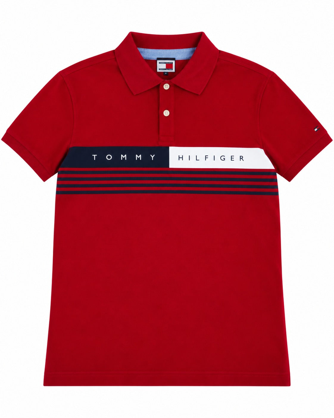 PLAYERA CABALLERO TOMMY H CUELLO T POLO ROJA FRANJA AZUL Y BLANCA 78J9598600 XLG L