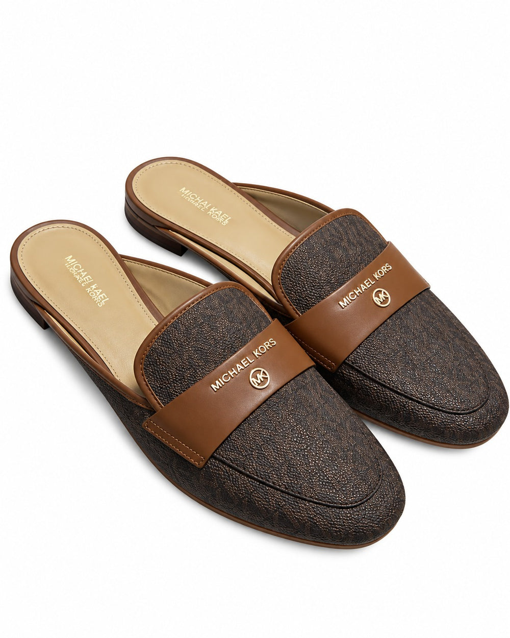SANDALIAS DAMA MK CAFÉ C/MONOGRAMA CAFÉ CLARO LOGO DORADO SIN TALON 3.5 MX**