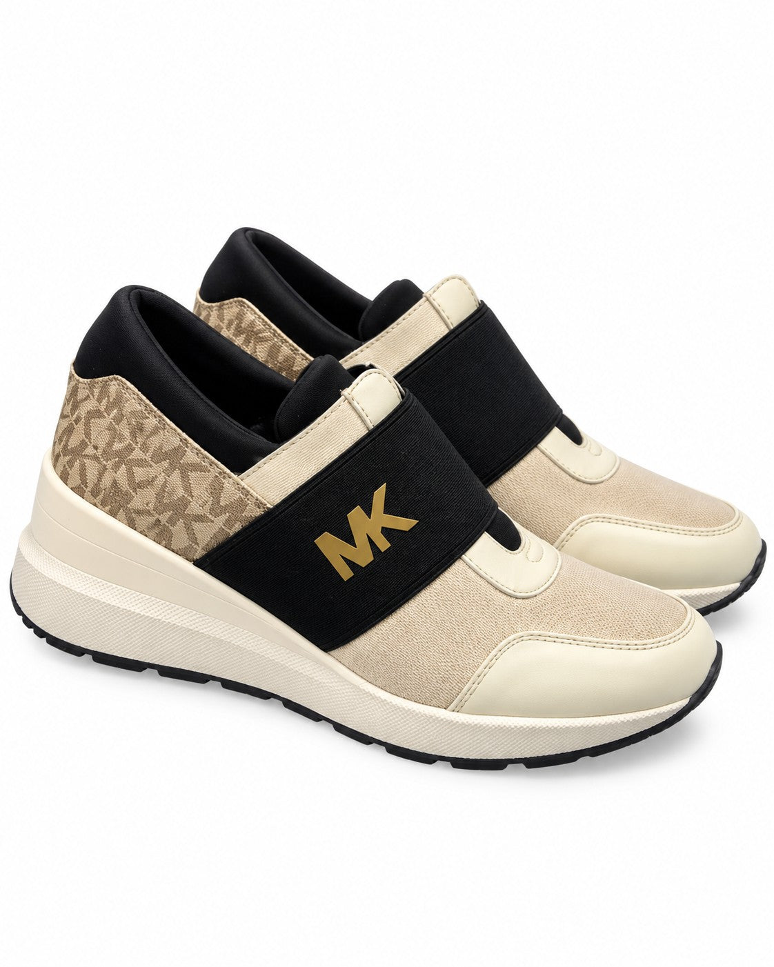 TENIS DAMA MK BEIGE CON FRANHA NEGRA MK DORADO RELIEVE MK DORADO TALON 5 MX