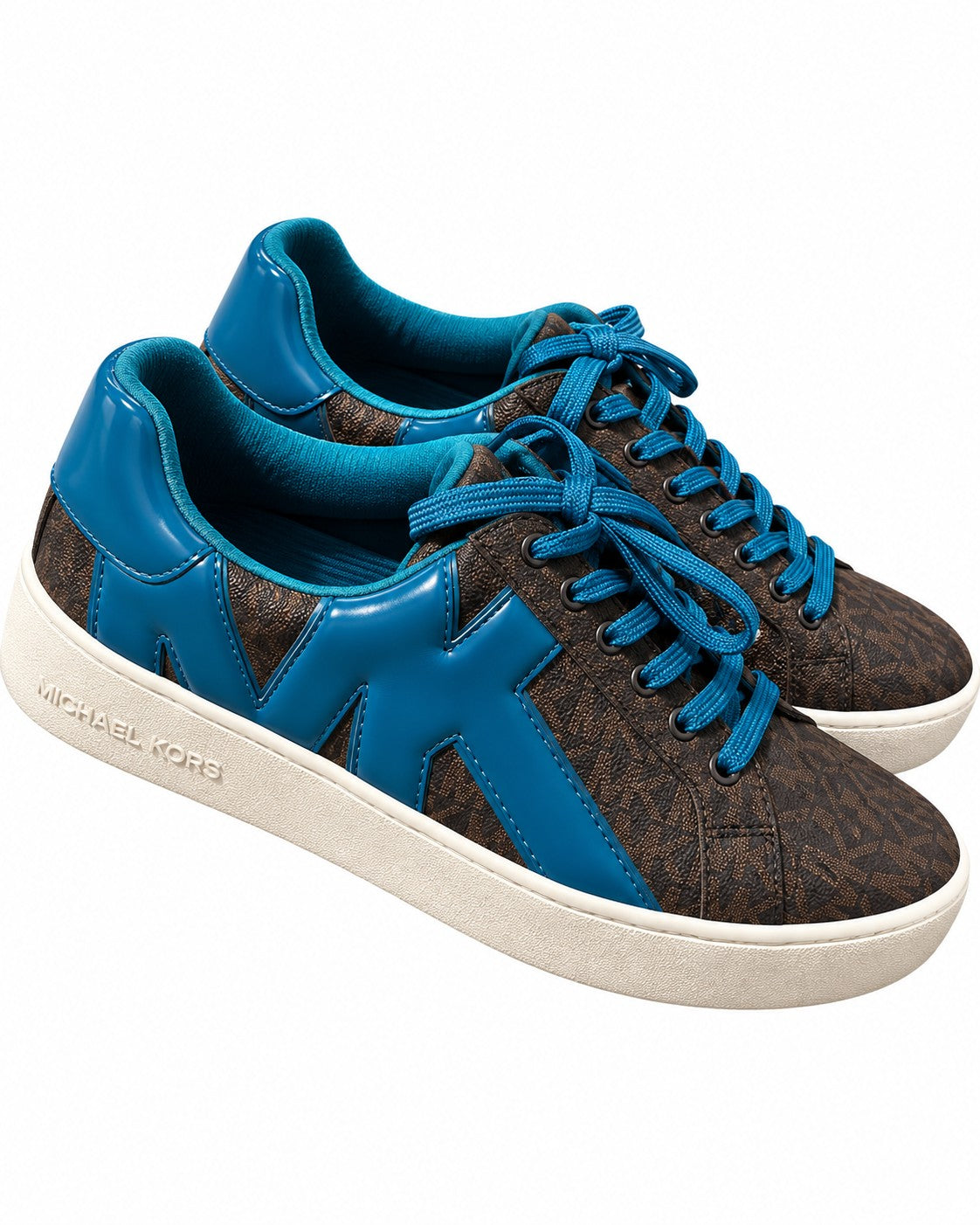 TENIS DAMA MK CAFÉ MONOGRAMA C/AZUL TURQUESA AGUIJETAS 4.5 MX
