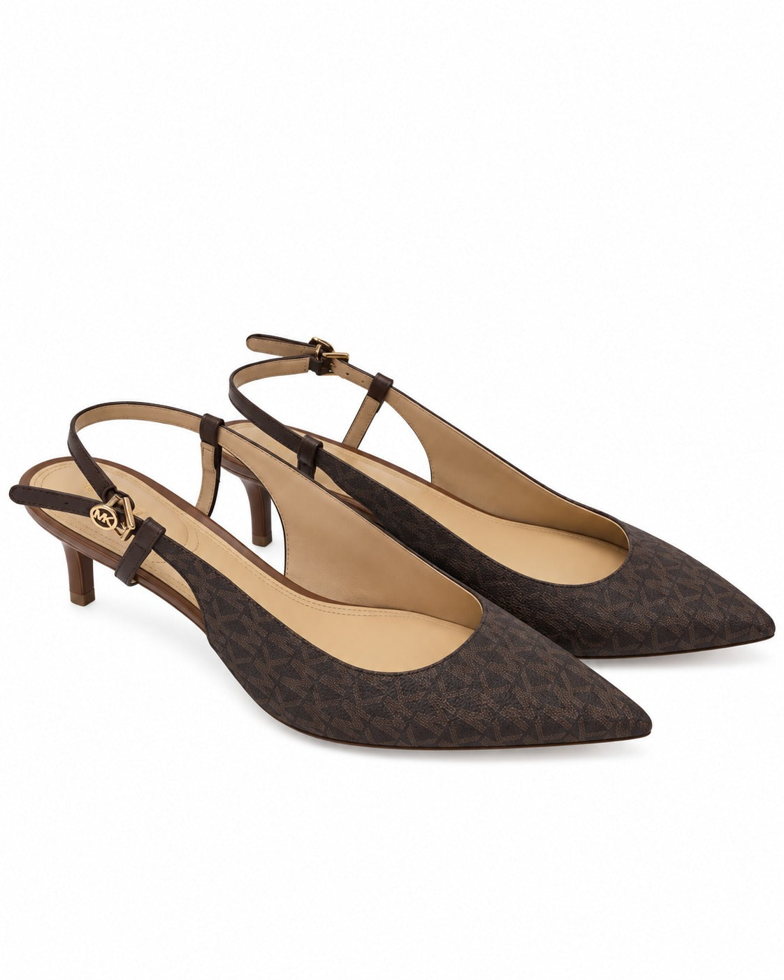 TACONES MK CAFÉ C/MONOGRAMA PUNTA TALON DESCUBIERTO