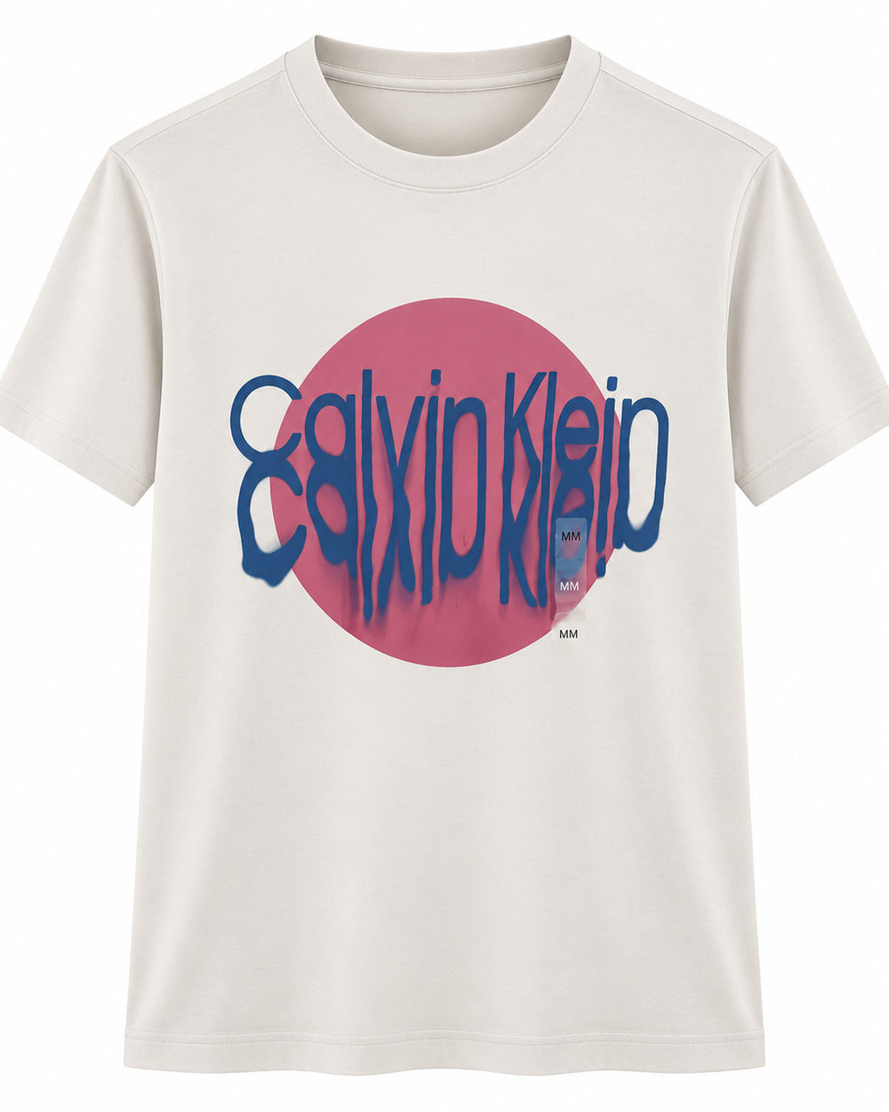 PLAYERA CABALLERO CK BLANCA CON CIRCULO ROSA Y LETRAS AZULES M