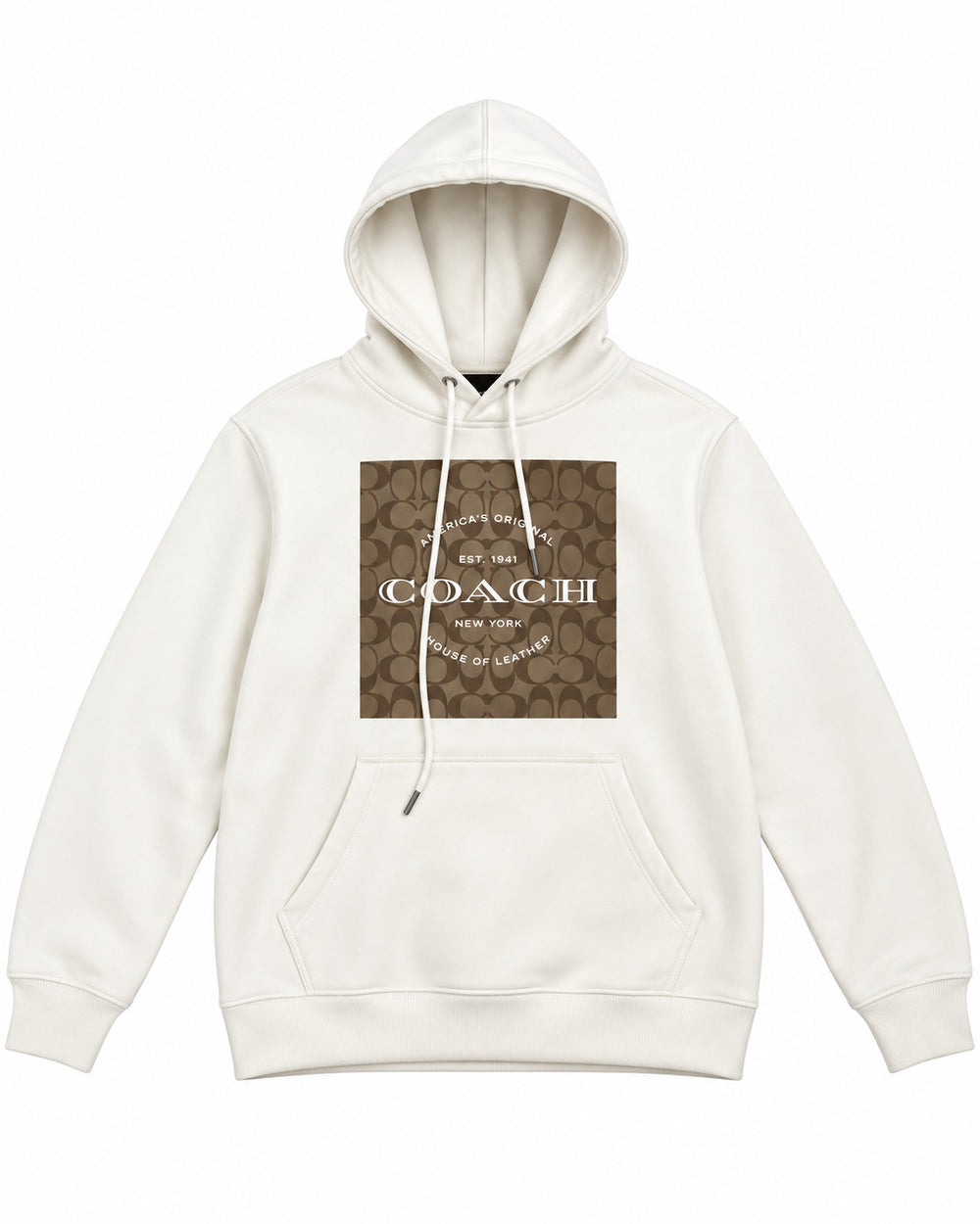 SUDADERA CABALLERO COACH BLANCA CON CUADRO MONOGRAMA CAFÉ GORRO L