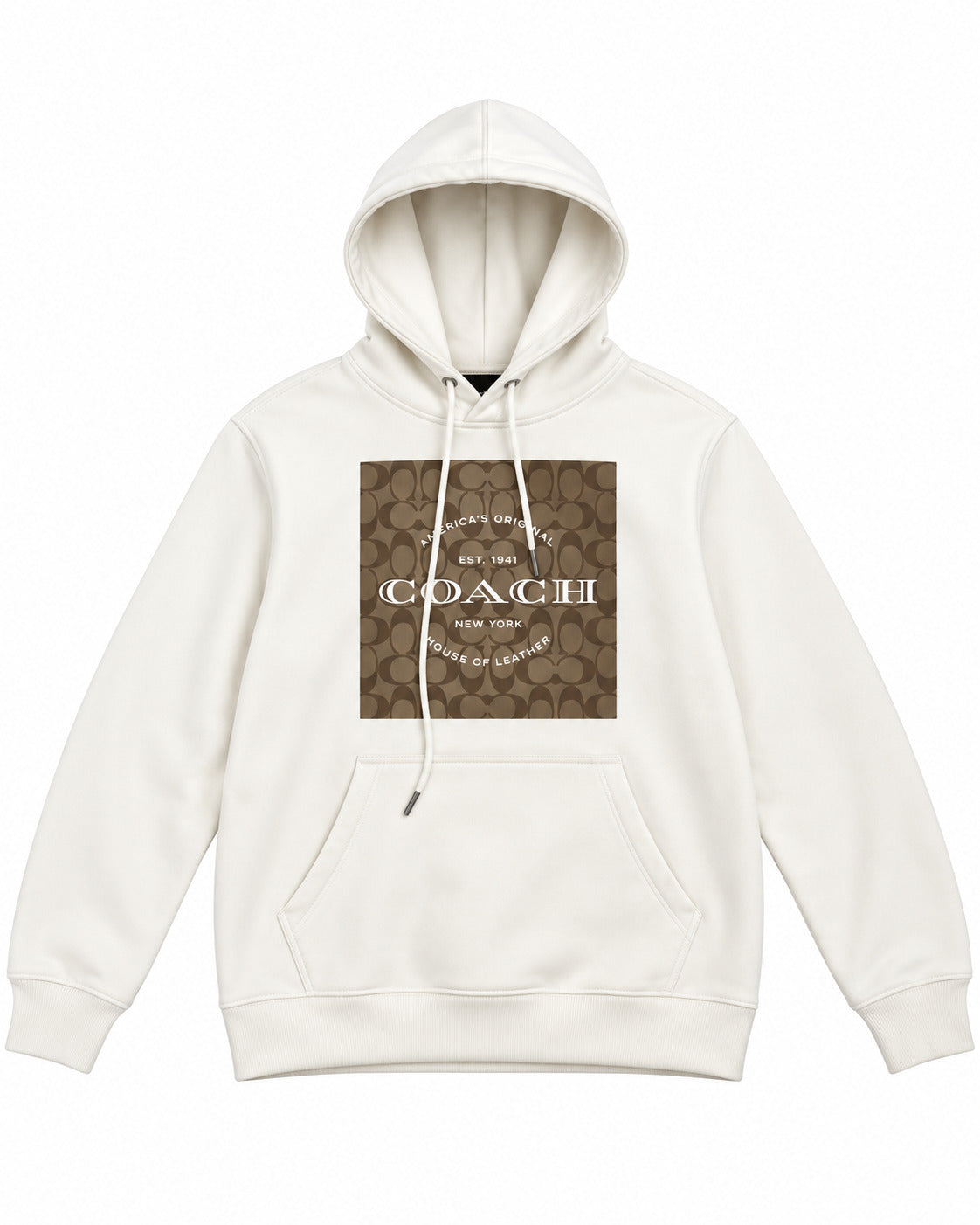 SUDADERA CABALLERO COACH BLANCA CON CUADRO MONOGRAMA CAFÉ GORRO L